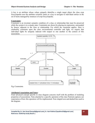 Object Oriented System Analysis and Design                                                 Chapter 4 : The  Notation 
 

A key is an attribute whose values uniquely identifies a single target object the class crop
Encyclopedia uses the attribute scientific name as a key to navigate to individual entries in the
set of items managed by instances of crop Encyclopedia.

Constraints:
Constraint is an invariant semantic condition of a class or relationship that must be preserved
while the system is in a steady state. Constraints are shown by placing an expression, surrounded
by braces, adjacent to the class or relationship. For which the constraint applies. Here is
cardinality constraint upon the class environmental controller and light, we require that
individual lights be uniquely indexed with respect to one another in the context of this
association.




Fig: Constraints


Attributed Association and Notes:
Final advanced concept specific to class diagram concerns itself with the problem of modeling
properties of associations. Note attached to a specific operation of the class Nutrient captures our
expectation of how this operation will be implemented. Note shaped icon and dashed line used in
the diagram.




Compiled By: Er. Hari Aryal [haryal4@gmail.com], Er. Hari Pokhrel [hpokhrel24@gmail.com]                           10 
Reference: OOAD By Grady Booch |  
 
 