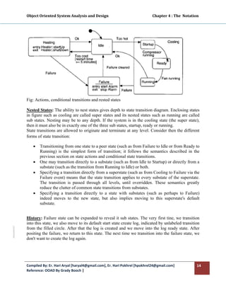 Object Oriented System Analysis and Design                                                 Chapter 4 : The  Notation 
              




             Fig: Actions, conditional transitions and rested states

             Nested States: The ability to nest states gives depth to state transition diagram. Enclosing states
             in figure such as cooling are called super states and its nested states such as running are called
             sub states. Nesting may be to any depth. If the system is in the cooling state (the super state),
             then it must also be in exactly one of the three sub states, startup, ready or running.
             State transitions are allowed to originate and terminate at any level. Consider then the different
             forms of state transition:

                 •   Transitioning from one state to a peer state (such as from Failure to Idle or from Ready to
                     Running) is the simplest form of transition; it follows the semantics described in the
                     previous section on state actions and conditional state transitions.
                 •   One may transition directly to a substate (such as from Idle to Startup) or directly from a
                     substate (such as the transition from Running to Idle) or both.
                 •   Specifying a transition directly from a superstate (such as from Cooling to Failure via the
                     Failure event) means that the state transition applies to every substate of the superstate.
                     The transition is passed through all levels, until overridden. These semantics greatly
                     reduce the clutter of common state transitions from substates.
                 •   Specifying a transition directly to a state with substates (such as perhaps to Failure)
                     indeed moves to the new state, but also implies moving to this superstate's default
                     substate.


             History: Failure state can be expanded to reveal it sub states. The very first tine, we transition
             into this state, we also move to its default start state create log, indicated by unlabeled transition
Document1 




             from the filled circle. After that the log is created and we move into the log ready state. After
             positing the failure, we return to this state. The next time we transition into the failure state, we
             don't want to create the log again.




             Compiled By: Er. Hari Aryal [haryal4@gmail.com], Er. Hari Pokhrel [hpokhrel24@gmail.com]                           14 
             Reference: OOAD By Grady Booch |  
              
 