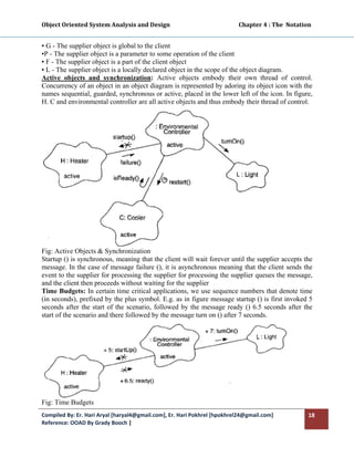 Object Oriented System Analysis and Design                                                 Chapter 4 : The  Notation 
 

▪ G - The supplier object is global to the client
▪P - The supplier object is a parameter to some operation of the client
▪ F - The supplier object is a part of the client object
▪ L - The supplier object is a locally declared object in the scope of the object diagram.
Active objects and synchronization: Active objects embody their own thread of control.
Concurrency of an object in an object diagram is represented by adoring its object icon with the
names sequential, guarded, synchronous or active, placed in the lower left of the icon. In figure,
H. C and environmental controller are all active objects and thus embody their thread of control.




Fig: Active Objects & Synchronization
Startup () is synchronous, meaning that the client will wait forever until the supplier accepts the
message. In the case of message failure (), it is asynchronous meaning that the client sends the
event to the supplier for processing the supplier for processing the supplier queues the message,
and the client then proceeds without waiting for the supplier
Time Budgets: In certain time critical applications, we use sequence numbers that denote time
(in seconds), prefixed by the plus symbol. E.g. as in figure message startup () is first invoked 5
seconds after the start of the scenario, followed by the message ready () 6.5 seconds after the
start of the scenario and there followed by the message turn on () after 7 seconds.




Fig: Time Budgets
Compiled By: Er. Hari Aryal [haryal4@gmail.com], Er. Hari Pokhrel [hpokhrel24@gmail.com]                           18 
Reference: OOAD By Grady Booch |  
 
 
