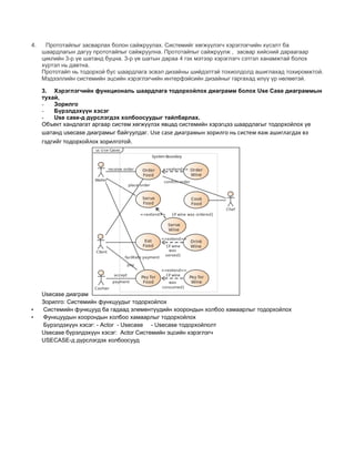 4. Прототайпыг засварлах болон сайжруулах. Системийг хөгжүүлэгч хэрэглэгчийн хүсэлт ба
шаардлагын дагуу прототайпыг сайжруулна. Прототайпыг сайжруулж , засвар хийсний дараагаар
циклийн 3-р үе шатанд буцна. 3-р үе шатын дараа 4 гэх мэтээр хэрэглэгч сэтгэл ханамжтай болох
хүртэл нь давтна.
Прототайп нь тодорхой бус шаардлага эсвэл дизайны шийдэлтэй тохиолдолд ашиглахад тохиромжтой.
Мэдээллийн системийн эцсийн хэрэглэгчийн интерфэйсийн дизайныг гаргахад илүү үр нөлөөтэй.
3. Хэрэглэгчийн функциональ шаардлага тодорхойлох диаграмм болох Use Case диаграммын
тухай,
- Зорилго
- Бүрэлдэхүүн хэсэг
- Use case-д дүрслэгдэх холбоосуудыг тайлбарлах.
Объект хандлагат аргаар систем хөгжүүлэх явцад системийн хэрэгцээ шаардлагыг тодорхойлох үе
шатанд usecase диаграмыг байгуулдаг. Use case диаграмын зорилго нь систем яаж ашиглагдах вэ
гэдгийг тодорхойлох зорилготой.
Usecase диаграм
Зорилго: Системийн функцуудыг тодорхойлох
• Системийн функцууд ба гадаад элементүүдийн хоорондын холбоо хамаарлыг тодорхойлох
• Функцуудын хоорондын холбоо хамаарлыг тодорхойлох
Бүрэлдэхүүн хэсэг: - Actor - Usecase - Usecase тодорхойлолт
Usecase бүрэлдэхүүн хэсэг: Actor Системийн эцсийн хэрэглэгч
USECASE-д дүрслэгдэх холбоосууд
 