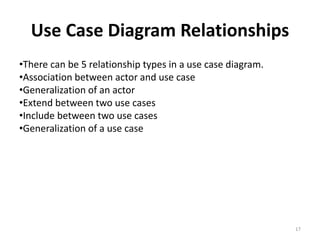 Use Case Diagram Relationships
•There can be 5 relationship types in a use case diagram.
•Association between actor and use case
•Generalization of an actor
•Extend between two use cases
•Include between two use cases
•Generalization of a use case
17
 