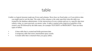 table
A table is a logical structure made up of rows and columns. Rows have no fixed order, so if you retrieve data
you might need to sort the data. The order of the columns is the order specified when the table was
created by the database administrator. At the intersection of every column and row is a specific data item
called a value, or, more precisely, an atomic value. A table is named with a high-level qualifier of the
owner's user ID followed by the table name, for example TEST.DEPT or PROD.DEPT. There are three
types of tables:
• A base table that is created and holds persistent data
• A temporary table that stores intermediate query results
• A results table that is returned when you query tables.
 