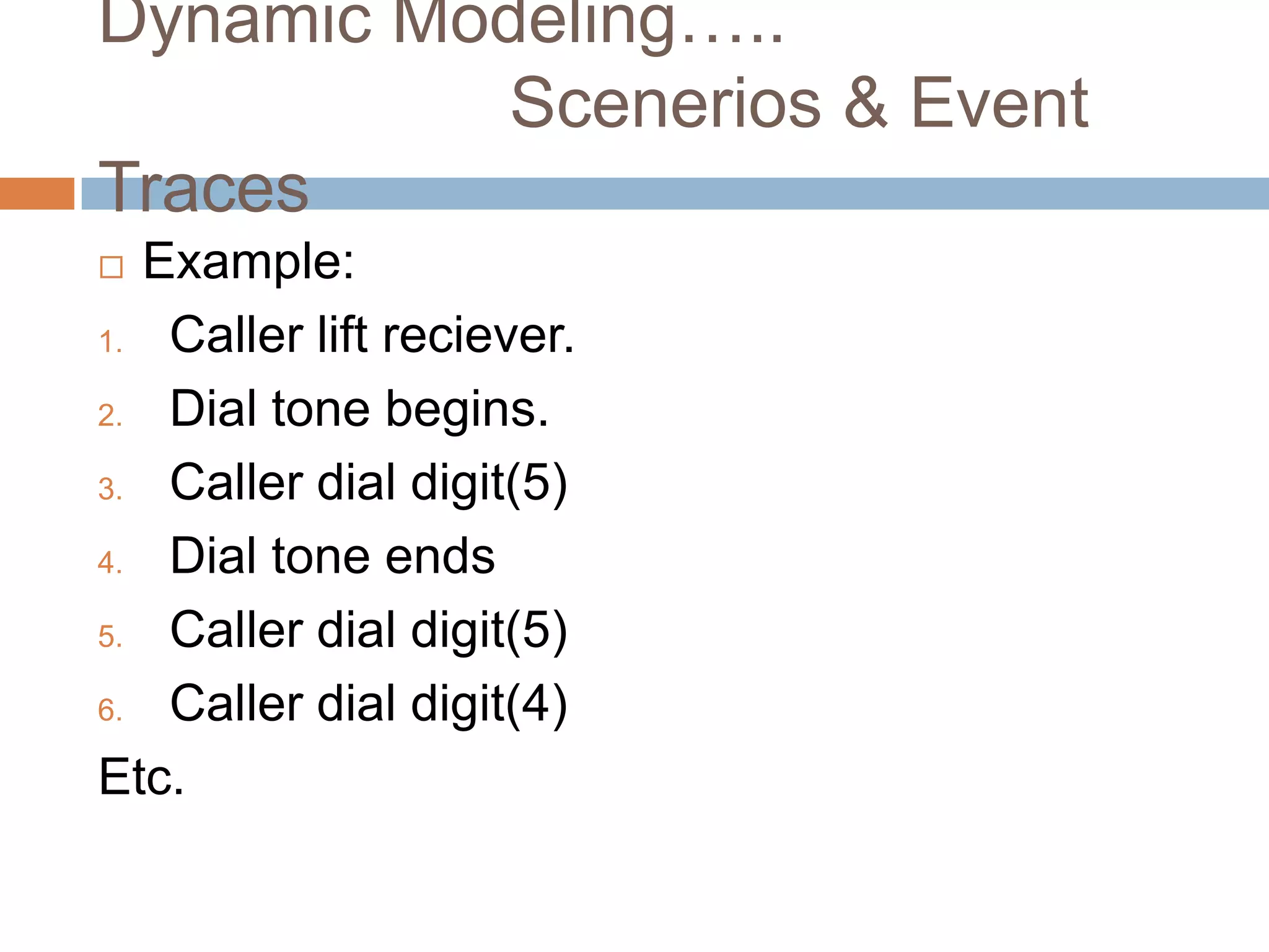 Dynamic Modeling…..
           Scenerios & Event
Traces
 Example:
1. Caller lift reciever.

2. Dial tone begins.

3. Caller dial digit(5)

4. Dial tone ends

5. Caller dial digit(5)

6. Caller dial digit(4)

Etc.
 