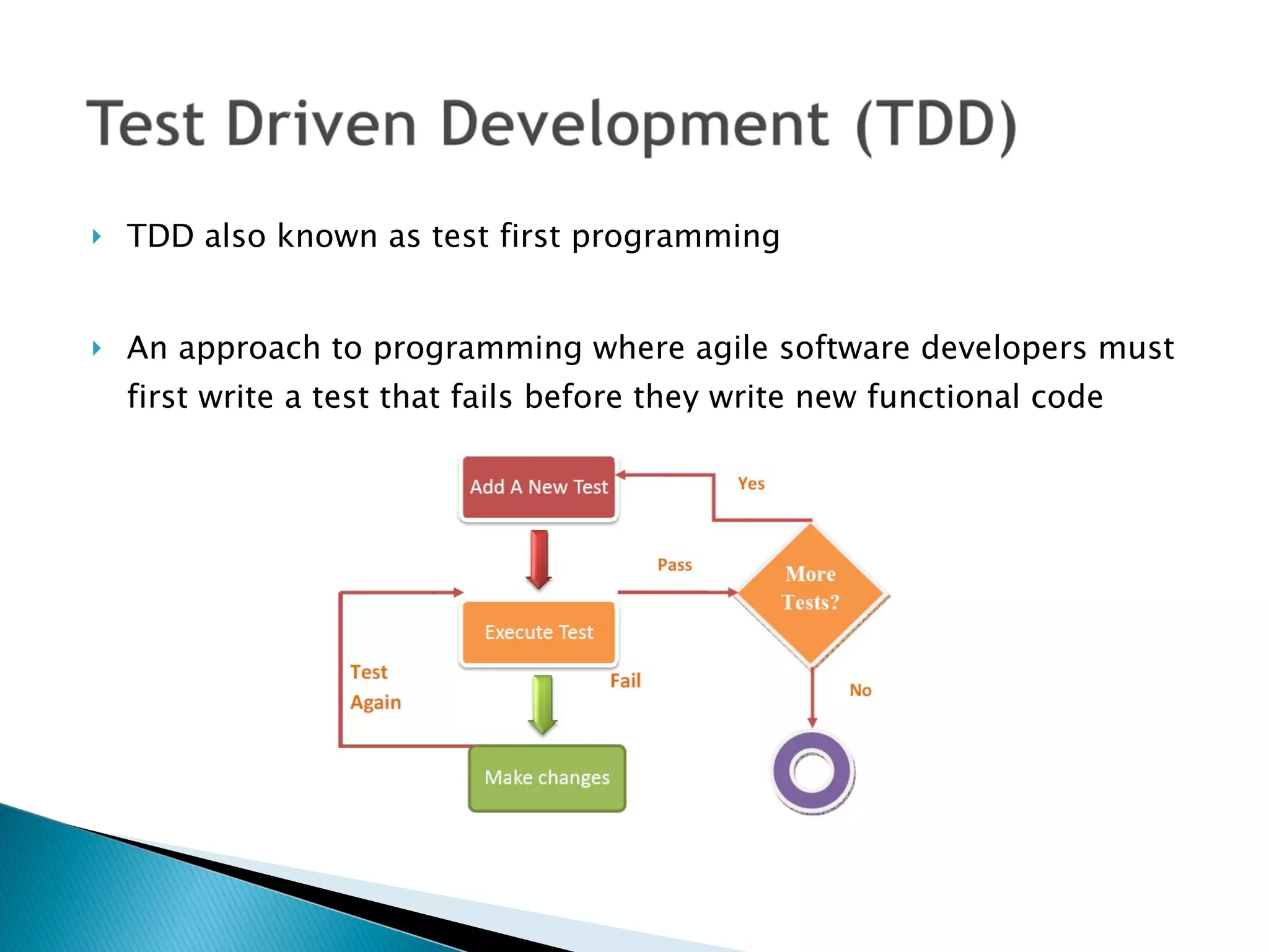 TDD also known as test first programming An approach to programming where agile software developers must first write a test that fails before they write new functional code 