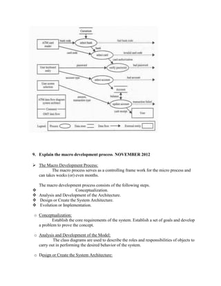 9. Explain the macro development process. NOVEMBER 2012
 The Macro Development Process:
The macro process serves as a controlling frame work for the micro process and
can takes weeks (or) even months.
The macro development process consists of the following steps.
 Conceptualization.
 Analysis and Development of the Architecture.
 Design or Create the System Architecture.
 Evolution or Implementation.
o Conceptualization:
Establish the core requirements of the system. Establish a set of goals and develop
a problem to prove the concept.
o Analysis and Development of the Model:
The class diagrams are used to describe the roles and responsibilities of objects to
carry out in performing the desired behavior of the system.
o Design or Create the System Architecture:
 