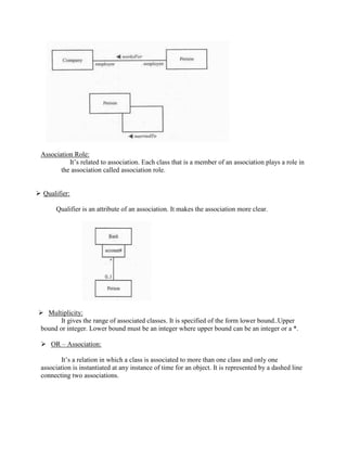 Association Role:
It’s related to association. Each class that is a member of an association plays a role in
the association called association role.
 Qualifier:
Qualifier is an attribute of an association. It makes the association more clear.
 Multiplicity:
It gives the range of associated classes. It is specified of the form lower bound..Upper
bound or integer. Lower bound must be an integer where upper bound can be an integer or a *.
 OR – Association:
It’s a relation in which a class is associated to more than one class and only one
association is instantiated at any instance of time for an object. It is represented by a dashed line
connecting two associations.
 