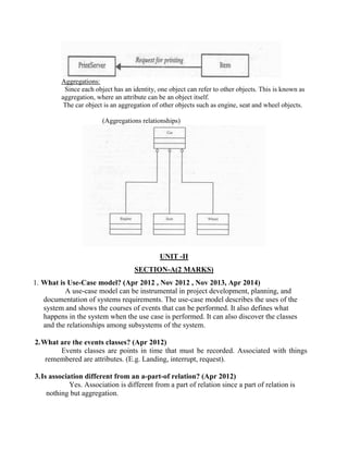 Aggregations:
Since each object has an identity, one object can refer to other objects. This is known as
aggregation, where an attribute can be an object itself.
The car object is an aggregation of other objects such as engine, seat and wheel objects.
(Aggregations relationships)
UNIT -II
SECTION-A(2 MARKS)
1. What is Use-Case model? (Apr 2012 , Nov 2012 , Nov 2013, Apr 2014)
A use-case model can be instrumental in project development, planning, and
documentation of systems requirements. The use-case model describes the uses of the
system and shows the courses of events that can be performed. It also defines what
happens in the system when the use case is performed. It can also discover the classes
and the relationships among subsystems of the system.
2.What are the events classes? (Apr 2012)
Events classes are points in time that must be recorded. Associated with things
remembered are attributes. (E.g. Landing, interrupt, request).
3.Is association different from an a-part-of relation? (Apr 2012)
Yes. Association is different from a part of relation since a part of relation is
nothing but aggregation.
 