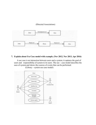 (Directed Associations)
7. Explain about Use Case model with example. (Nov 2012, Nov 2013, Apr 2016)
A use case is an interaction between users and a system; it captures the goal of
users and responsibility of system to its users. The use – case model describes the
uses of system and shows the courses of events that can be performed.
(Library – system use case model)
 