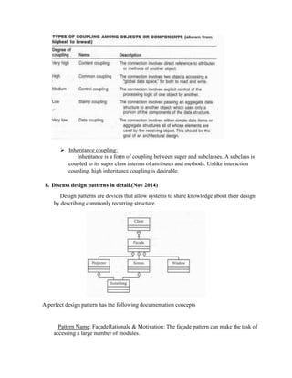  Inheritance coupling:
Inheritance is a form of coupling between super and subclasses. A subclass is
coupled to its super class interms of attributes and methods. Unlike interaction
coupling, high inheritance coupling is desirable.
8. Discuss design patterns in detail.(Nov 2014)
Design patterns are devices that allow systems to share knowledge about their design
by describing commonly recurring structure.
A perfect design pattern has the following documentation concepts
Pattern Name: FaçadeRationale & Motivation: The façade pattern can make the task of
accessing a large number of modules.
 