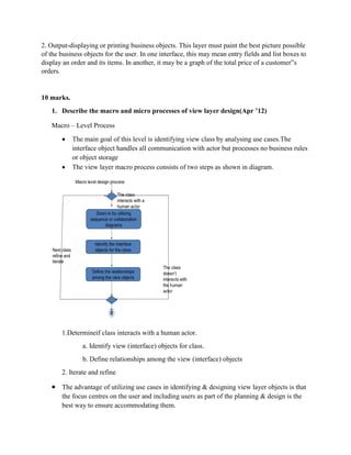 2. Output-displaying or printing business objects. This layer must paint the best picture possible
of the business objects for the user. In one interface, this may mean entry fields and list boxes to
display an order and its items. In another, it may be a graph of the total price of a customer‟s
orders.
10 marks.
1. Describe the macro and micro processes of view layer design(Apr ’12)
Macro – Level Process
 The main goal of this level is identifying view class by analysing use cases.The
interface object handles all communication with actor but processes no business rules
or object storage
 The view layer macro process consists of two steps as shown in diagram.
1.Determineif class interacts with a human actor.
a. Identify view (interface) objects for class.
b. Define relationships among the view (interface) objects
2. Iterate and refine
 The advantage of utilizing use cases in identifying & designing view layer objects is that
the focus centres on the user and including users as part of the planning & design is the
best way to ensure accommodating them.
 