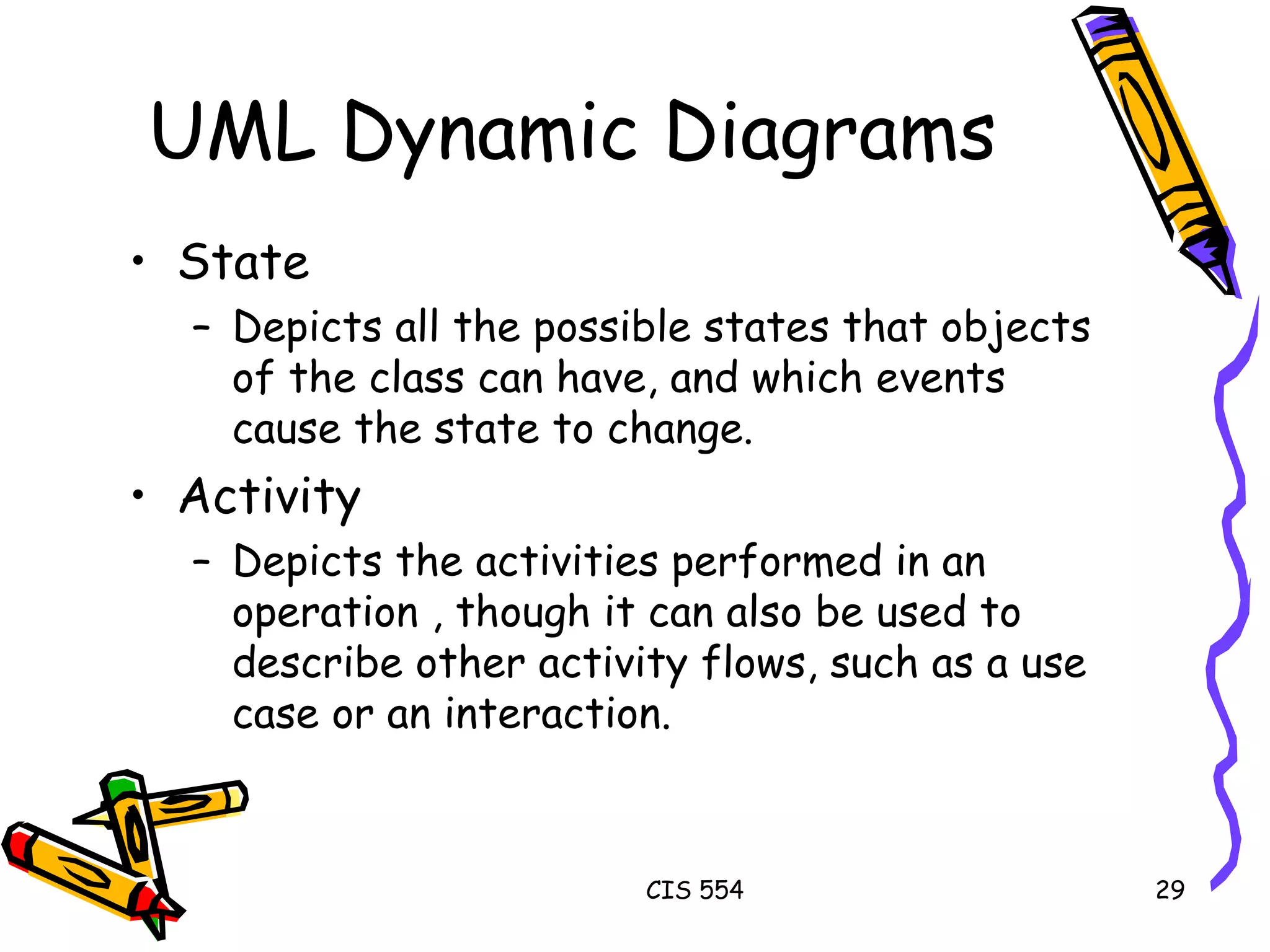 UML Dynamic Diagrams State Depicts all the possible states that objects of the class can have, and which events cause the state to change.  Activity Depicts the activities performed in an operation , though it can also be used to describe other activity flows, such as a use case or an interaction.  