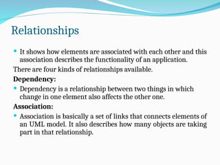 Relationships
 It shows how elements are associated with each other and this
association describes the functionality of an application.
There are four kinds of relationships available.
Dependency:
 Dependency is a relationship between two things in which
change in one element also affects the other one.
Association:
 Association is basically a set of links that connects elements of
an UML model. It also describes how many objects are taking
part in that relationship.
 