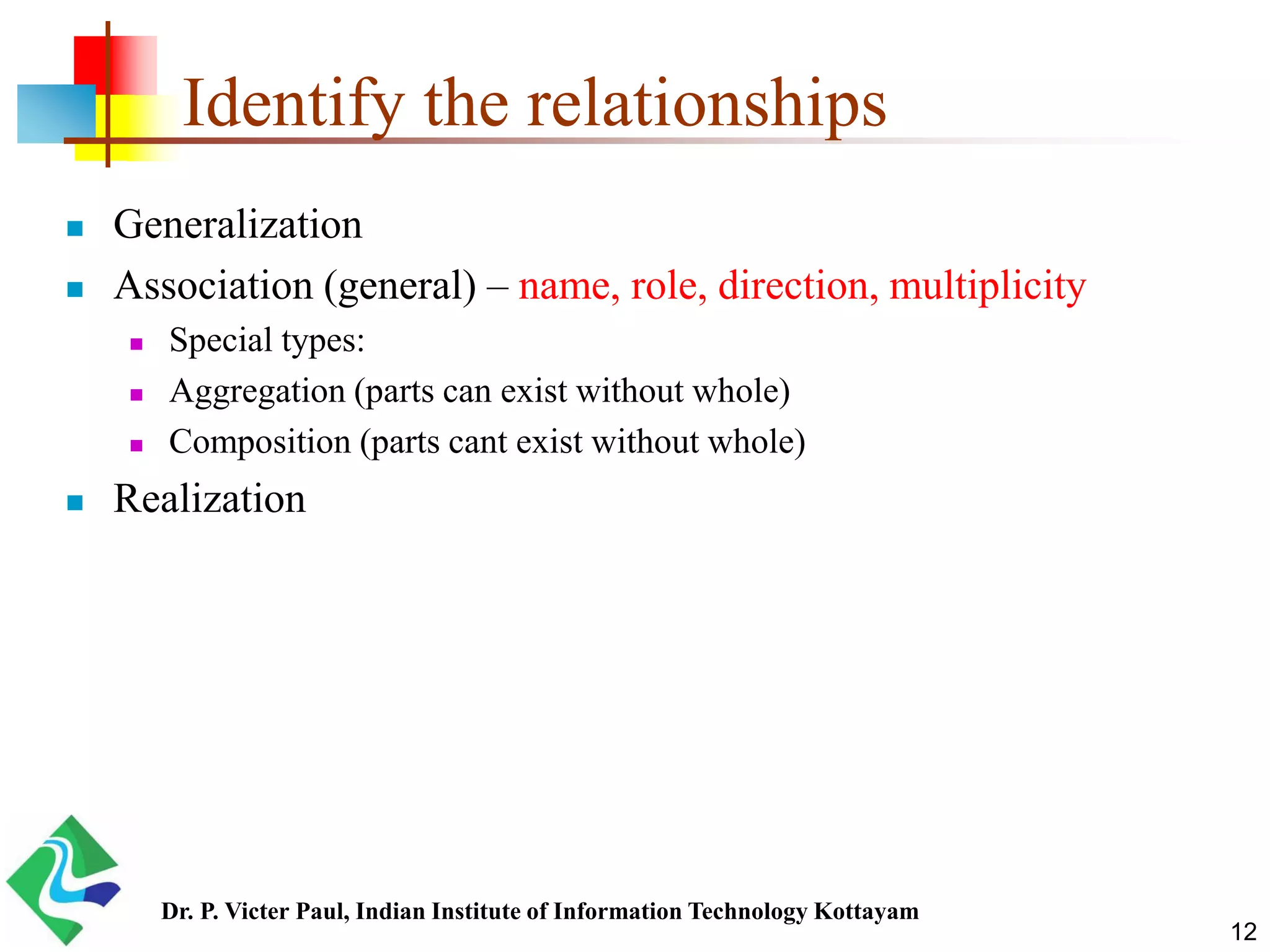 Identify the relationships  Generalization  Association (general) – name, role, direction, multiplicity  Special types:  Aggregation (parts can exist without whole)  Composition (parts cant exist without whole)  Realization 12 Dr. P. Victer Paul, Indian Institute of Information Technology Kottayam 