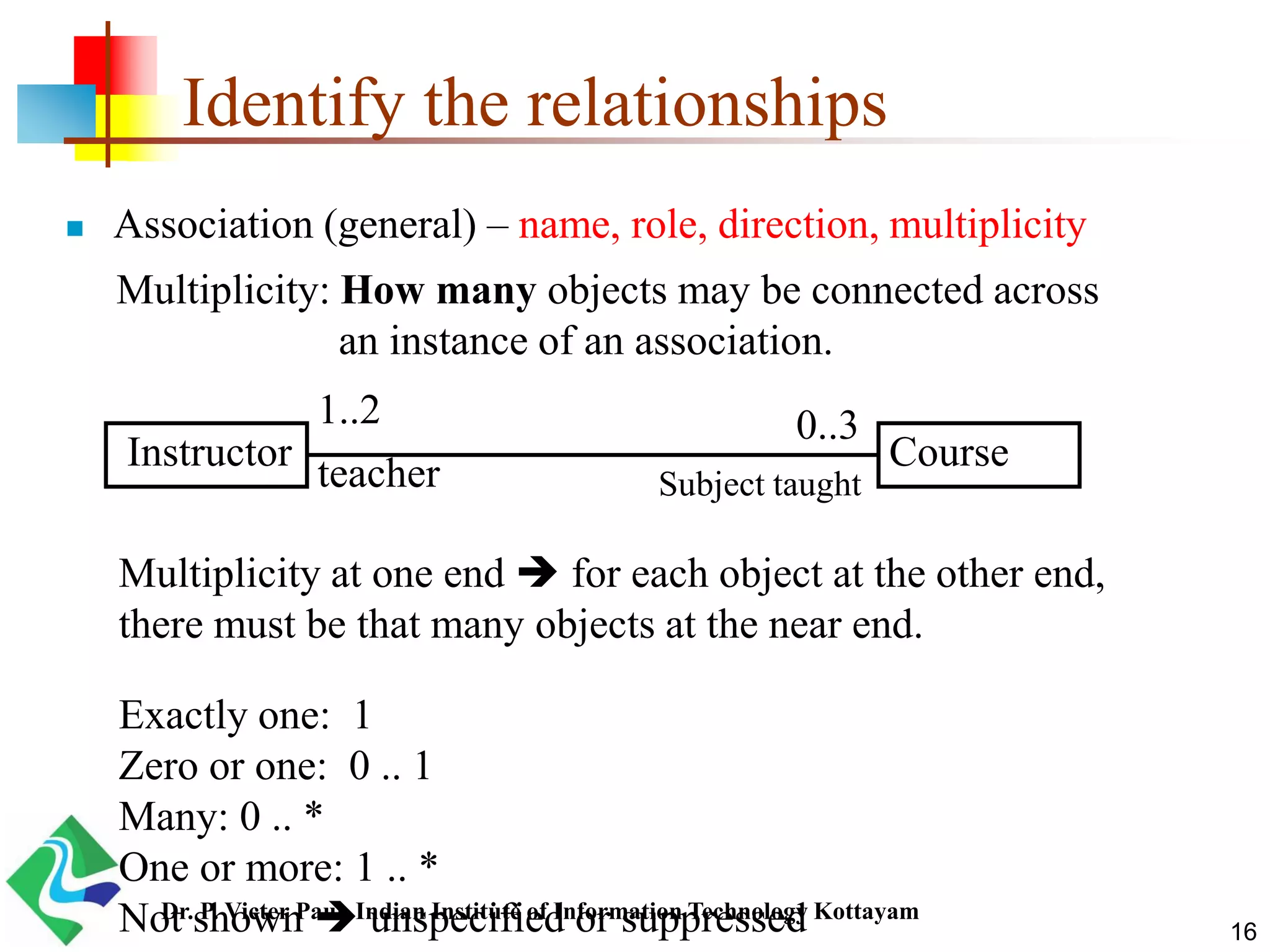 Identify the relationships  Association (general) – name, role, direction, multiplicity Instructor Course teacher Subject taught 1..2 0..3 Multiplicity: How many objects may be connected across an instance of an association. Multiplicity at one end  for each object at the other end, there must be that many objects at the near end. Exactly one: 1 Zero or one: 0 .. 1 Many: 0 .. * One or more: 1 .. * Not shown  unspecified or suppressed 16 Dr. P. Victer Paul, Indian Institute of Information Technology Kottayam 