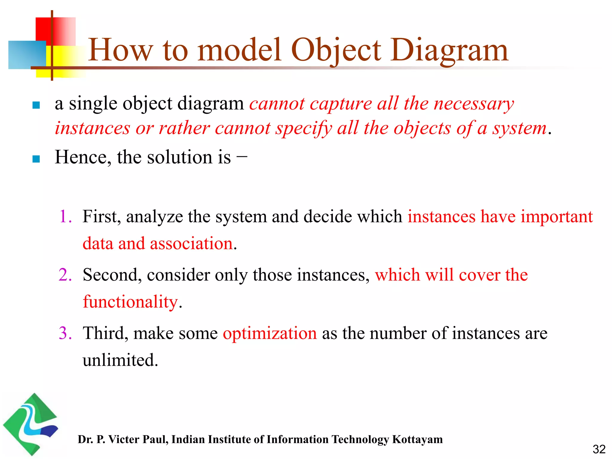 How to model Object Diagram  a single object diagram cannot capture all the necessary instances or rather cannot specify all the objects of a system.  Hence, the solution is − 1. First, analyze the system and decide which instances have important data and association. 2. Second, consider only those instances, which will cover the functionality. 3. Third, make some optimization as the number of instances are unlimited. 32 Dr. P. Victer Paul, Indian Institute of Information Technology Kottayam 