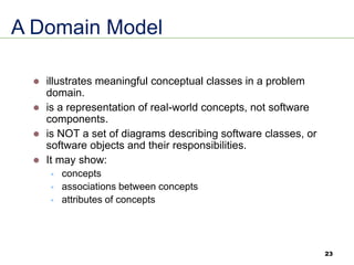 23
A Domain Model
⚫ illustrates meaningful conceptual classes in a problem
domain.
⚫ is a representation of real-world concepts, not software
components.
⚫ is NOT a set of diagrams describing software classes, or
software objects and their responsibilities.
⚫ It may show:
▪ concepts
▪ associations between concepts
▪ attributes of concepts
 