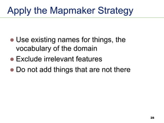 28
Apply the Mapmaker Strategy
⚫ Use existing names for things, the
vocabulary of the domain
⚫ Exclude irrelevant features
⚫ Do not add things that are not there
 