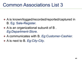 41
Common Associations List 3
⚫ A is known/logged/recorded/reported/captured in
B. Eg: Sale-Register.
⚫ A is an organizational subunit of B .
Eg:Department-Store.
⚫ A communicates with B. Eg:Customer-Cashier.
⚫ A is next to B. Eg:City-City.
 