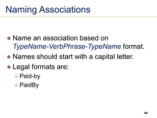 49
Naming Associations
⚫ Name an association based on
TypeName-VerbPhrase-TypeName format.
⚫ Names should start with a capital letter.
⚫ Legal formats are:
⚫ Paid-by
⚫ PaidBy
 
