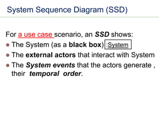 System Sequence Diagram (SSD)
For a use case scenario, an SSD shows:
⚫ The System (as a black box)
⚫ The external actors that interact with System
⚫ The System events that the actors generate ,
their temporal order.
:System
 