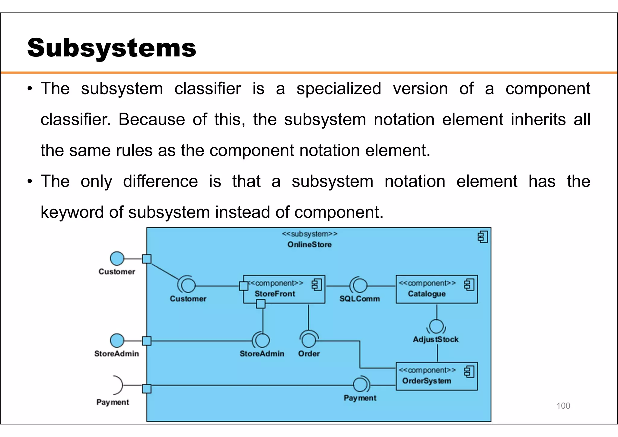 Subsystems • The subsystem classifier is a specialized version of a component classifier. Because of this, the subsystem notation element inherits all the same rules as the component notation element. • The only difference is that a subsystem notation element has the keyword of subsystem instead of component. 100 