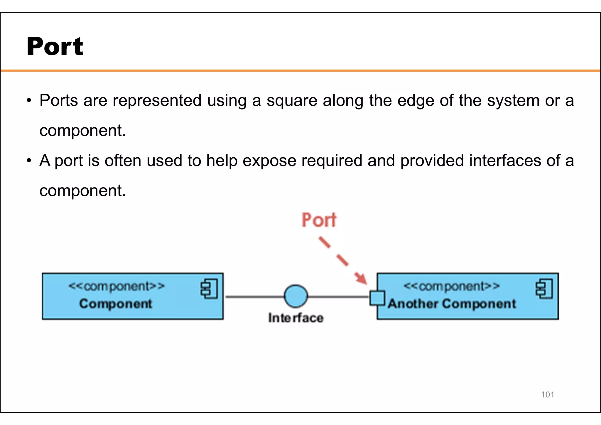 Port • Ports are represented using a square along the edge of the system or a component. • A port is often used to help expose required and provided interfaces of a component. 101 