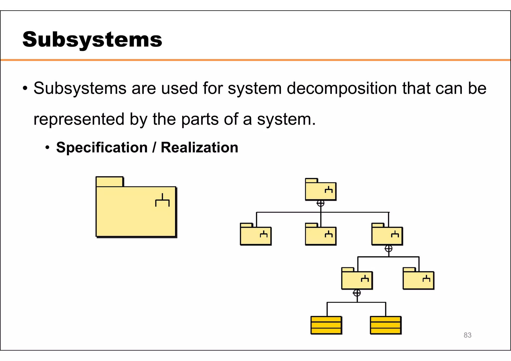Subsystems • Subsystems are used for system decomposition that can be represented by the parts of a system. • Specification / Realization 83 