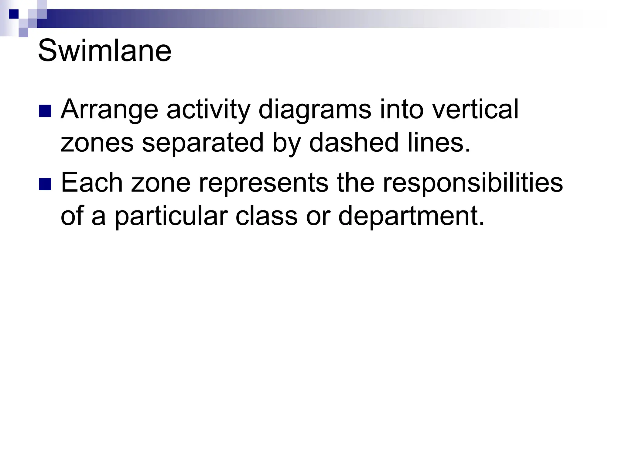 Swimlane
 Arrange activity diagrams into vertical
zones separated by dashed lines.
 Each zone represents the responsibilities
of a particular class or department.
 