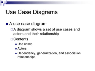 Use Case Diagrams
 A use case diagram
A diagram shows a set of use cases and
actors and their relationship
Contents
 Use cases
 Actors
 Dependency, generalization, and association
relationships
 