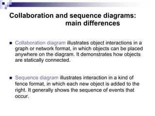 Collaboration and sequence diagrams:
main differences
 Collaboration diagram illustrates object interactions in a
graph or network format, in which objects can be placed
anywhere on the diagram. It demonstrates how objects
are statically connected.
 Sequence diagram illustrates interaction in a kind of
fence format, in which each new object is added to the
right. It generally shows the sequence of events that
occur.
 