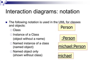 Interaction diagrams: notation
 The following notation is used in the UML for classes
and objects:
 Class
 Instance of a Class
(object without a name)
 Named instance of a class
(named object)
 Named object only
(shown without class)
Person
michael:Person
michael
:Person
 