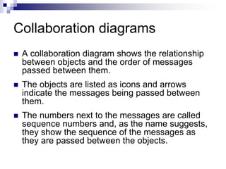 Collaboration diagrams
 A collaboration diagram shows the relationship
between objects and the order of messages
passed between them.
 The objects are listed as icons and arrows
indicate the messages being passed between
them.
 The numbers next to the messages are called
sequence numbers and, as the name suggests,
they show the sequence of the messages as
they are passed between the objects.
 
