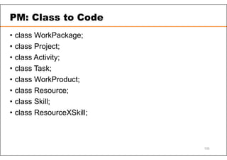 PM: Class to Code
• class WorkPackage;
• class Project;
• class Activity;
• class Task;
• class WorkProduct;
• class Resource;
• class Skill;
• class ResourceXSkill;
105
 