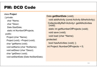 PM: DCD Code
class Project
{ private:
char *Name;
char *Descr;
Date StartDate;
static int NumberOfProjects;
public:
Project (char *Name);
Project (void); ~Project (void);
char *getName (void);
void setName (char *theName);
void setDescr (char *Descr);
char *getDescr (void);
void setStartDate (Date theStartDate);
108
Date getStartDate (void);
void addActivity (const Activity &theActivity);
CollectionByRef<Activity> getAllAcitivities
(void);
static int getNumberOfProjects (void);
void save (void);
void load (char *Name);
protected:
bool hasActivities (void); };
int Project::NumberOfProjects = 0;
 