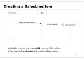 : Register : Sale
makeLineItem(quantity)
: SalesLineItem
create(quantity)
 Sale objects are given a responsibility to create SaleLineItem.
 The responsibility is invoked with a makeLineItem message
Creating a SalesLineItem
21
 