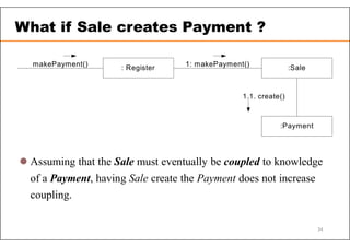 : Register :Sale
:Payment
makePayment() 1: makePayment()
1.1. create()
 Assuming that the Sale must eventually be coupled to knowledge
of a Payment, having Sale create the Payment does not increase
coupling.
What if Sale creates Payment ?
34
 