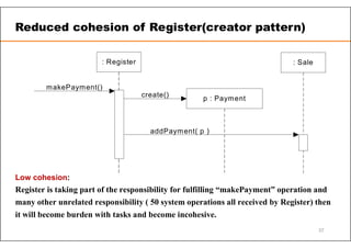 : Register : Sale
addPayment( p )
p : Payment
create()
makePayment()
Low cohesion:
Register is taking part of the responsibility for fulfilling “makePayment” operation and
many other unrelated responsibility ( 50 system operations all received by Register) then
it will become burden with tasks and become incohesive.
Reduced cohesion of Register(creator pattern)
37
 
