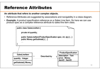 Reference Attributes
94
An attribute that refers to another complex objects.
• Reference Attributes are suggested by associations and navigability in a class diagram.
• Example: A product specification reference on a Sales Line Item. So here we can use
product spec as a complex reference attribute to sales line item class.
 