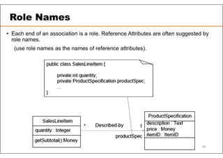 Role Names
96
• Each end of an association is a role. Reference Attributes are often suggested by
role names.
(use role names as the names of reference attributes).
 
