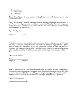 2. Association
3. Generalization
4. Realization
These relationships are the basic relational building blocks of the UML. You use them to write
well-formed models.
First, a dependency is a semantic relationship between two model elements in which a change to
one element (the independent one) may affect the semantics of the other element (the dependent
one). Graphically, a dependency is rendered as a dashed line, possibly directed, and occasionally
including a label, as in Figure 2-14.
Figure 2-14. Dependencies
Second, an association is a structural relationship among classes that describes a set of links, a
link being a connection among objects that are instances of the classes. Aggregation is a special
kind of association, representing a structural relationship between a whole and its parts.
Graphically, an association is rendered as a solid line, possibly directed, occasionally including a
label, and often containing other adornments, such as multiplicity and end names, as in Figure 2-
15.
Figure 2-15. Associations
Third, a generalization is a specialization/generalization relationship in which the specialized
element (the child) builds on the specification of the generalized element (the parent). The child
shares the structure and the behavior of the parent. Graphically, a generalization relationship is
rendered as a solid line with a hollow arrowhead pointing to the parent, as in Figure 2-16.
Figure 2-16. Generalizations
 
