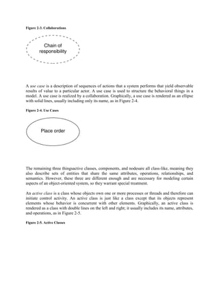 Figure 2-3. Collaborations
A use case is a description of sequences of actions that a system performs that yield observable
results of value to a particular actor. A use case is used to structure the behavioral things in a
model. A use case is realized by a collaboration. Graphically, a use case is rendered as an ellipse
with solid lines, usually including only its name, as in Figure 2-4.
Figure 2-4. Use Cases
The remaining three thingsactive classes, components, and nodesare all class-like, meaning they
also describe sets of entities that share the same attributes, operations, relationships, and
semantics. However, these three are different enough and are necessary for modeling certain
aspects of an object-oriented system, so they warrant special treatment.
An active class is a class whose objects own one or more processes or threads and therefore can
initiate control activity. An active class is just like a class except that its objects represent
elements whose behavior is concurrent with other elements. Graphically, an active class is
rendered as a class with double lines on the left and right; it usually includes its name, attributes,
and operations, as in Figure 2-5.
Figure 2-5. Active Classes
 