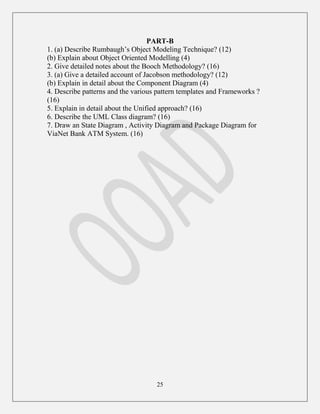 25
PART-B
1. (a) Describe Rumbaugh‟s Object Modeling Technique? (12)
(b) Explain about Object Oriented Modelling (4)
2. Give detailed notes about the Booch Methodology? (16)
3. (a) Give a detailed account of Jacobson methodology? (12)
(b) Explain in detail about the Component Diagram (4)
4. Describe patterns and the various pattern templates and Frameworks ?
(16)
5. Explain in detail about the Unified approach? (16)
6. Describe the UML Class diagram? (16)
7. Draw an State Diagram , Activity Diagram and Package Diagram for
ViaNet Bank ATM System. (16)
 