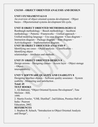 3
CS1310 – OBJECT ORIENTED ANALYSIS AND DESIGN
UNIT I FUNDAMENTALS 8
An overview of object oriented systems development – Object
basics – Objectoriented systems development life cycle.
UNIT II OBJECT ORIENTED METHODOLOGIES 12
Rumbaugh methodology − Booch methodology − Jacobson
methodology − Patterns −Frameworks − Unified approach −
Unified modeling language − Use case diagram −Class diagram −
Interaction diagram − Package diagram − State diagram −
Activitydiagram – Implementation diagram.
UNIT III OBJECT ORIENTED ANALYSIS 9
Identifying use cases – Object analysis – Classification –
Identifying object
relationships – Attributes and methods.
UNIT IV OBJECT ORIENTED DESIGN 8
Design axioms – Designing classes – Access layer – Object storage
– Object
interoperability.
UNIT V SOFTWARE QUALITY AND USABILITY 8
Designing interface objects – Software quality assurance – System
usability –Measuring user satisfaction .
Total: 45
TEXT BOOKS
1. Ali Bahrami, “Object Oriented Systems Development”, Tata
McGraw - Hill,
1999.
2. Martin Fowler, “UML Distilled”, 2nd Edition, Prentice Hall of
India / Pearson
Education, 2002.
REFERENCES
1. Stephen R. Schach, “Introduction to Object Oriented Analysis
and Design”,
 