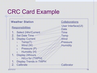 01/11/17 14
CRC Card Example
Weather Station
1. Select 24hr/Current
2. Set Date Time
3. Display Current
1. Temp(T)
2. Wind (W)
3. Pressure (P)
4. Humidity (H)
1. Display 24hours
1. Hi/Lo for (TWPH)
1. Display Trends in TWPH
2. Calibrate
Responsibilities
Collaborations
User Interface(UI)
Date
Time
Temp
Wind
Pressure
Humidity
Calibrator
 