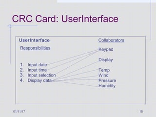 01/11/17 15
CRC Card: UserInterface
UserInterface
1. Input date
2. Input time
3. Input selection
4. Display data
Responsibilities
Collaborators
Keypad
Display
Temp
Wind
Pressure
Humidity
 