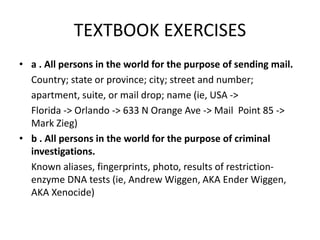 TEXTBOOK EXERCISES
• a . All persons in the world for the purpose of sending mail.
Country; state or province; city; street and number;
apartment, suite, or mail drop; name (ie, USA ->
Florida -> Orlando -> 633 N Orange Ave -> Mail Point 85 ->
Mark Zieg)
• b . All persons in the world for the purpose of criminal
investigations.
Known aliases, fingerprints, photo, results of restriction-
enzyme DNA tests (ie, Andrew Wiggen, AKA Ender Wiggen,
AKA Xenocide)
 