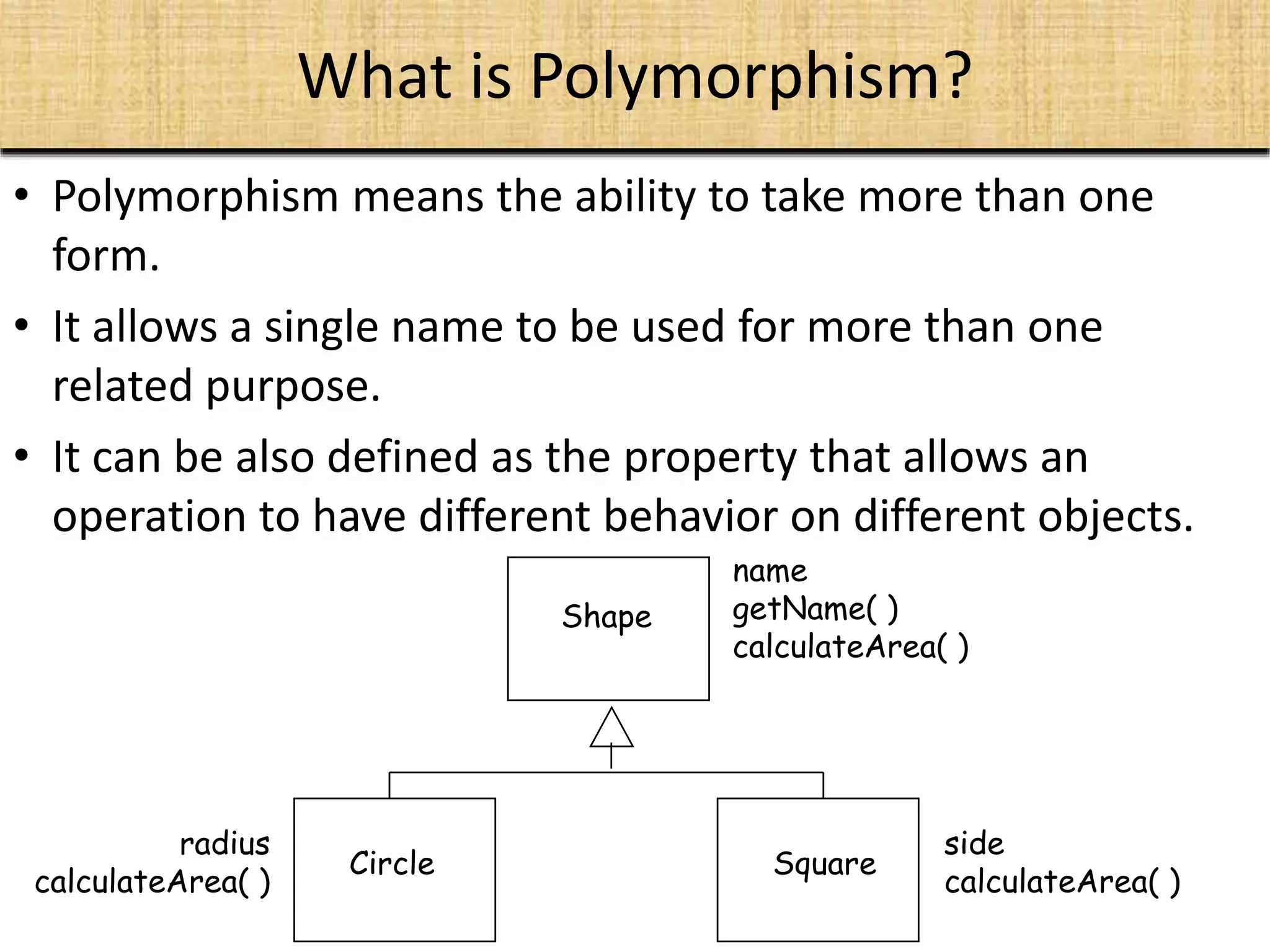 What is Polymorphism?
• Polymorphism means the ability to take more than one
form.
• It allows a single name to be used for more than one
related purpose.
• It can be also defined as the property that allows an
operation to have different behavior on different objects.
Shape
SquareCircle
name
getName( )
calculateArea( )
side
calculateArea( )
radius
calculateArea( )
 