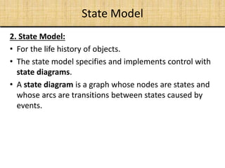 State Model
2. State Model:
• For the life history of objects.
• The state model specifies and implements control with
state diagrams.
• A state diagram is a graph whose nodes are states and
whose arcs are transitions between states caused by
events.
 