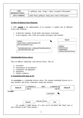 9
UML
REPRESENTATION
+ getPlayer( name : String ) : Player {exception IOException}
JAVA CODING public Player getPlayer( String name ) throws IOException
To Show Methods in Class Diagrams:
A UML method is the implementation of an operation. A method may be illustrated
several ways, including:
 in interaction diagrams, by the details and sequence of messages
 in class diagrams, with a UML note symbol stereotyped with «method»
2.Relationship between classes
There are different relationship exists between classes. They are
A. Association
B. Generalization & specialization
C. Composition and aggregation
D. Dependency
E. Interface realization
A) Association (refer page no 21)
An association is a relationship between classes. The semantic relationship between two or
more classifiers that involve connections among their instances.
Example
For example, a single instance of a class can be associated with "many" (zero or
more, indicated by the *) Item instances.
 