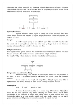 5
constructing new classes. Inheritance is a relationship between classes where one class is the parent
class of another (derived) class. The derived class holds the properties and behavior of base class in
addition to the properties and behavior of derived class.
Dynamic Inheritance
Dynamic inheritance allows objects to change and evolve over time. Since base
classes provide properties and attributes for objects, hanging base classes changes the properties and
attributes of a class.
Example:
A window objects change to icon and back again. When we double click the folder
the contents will be displayed in a window and when close it, changes back to icon. It involves
changing a base class between a windows class and icon class.
Multiple Inheritances
Some object-oriented systems permit a class to inherit its state (attributes) and behavior from more
than one super class. This kind or inheritance is referred to as multiple inheritances.
For example: Utility vehicle inherits the attributes from the Car and Truck classes.
Encapsulation and Information Hiding
Information hiding is the principle of concealing the internal data and procedures of
an object. In C++ , encapsulation protection mechanism with private, public and protected
members.
A car engine is an example of encapsulation. Although engines may differ in
implementation, the interface between the driver and car is through a common protocol.
Polymorphism
Poly  ”many” Morph  “form”
It means objects that can take on or assume many different forms. Polymorphism
means that the same operations may behave differently on different classes. Booch defines
polymorphism as the relationship of objects many different classes by some common super class.
Polymorphism allows us to write generic, reusable code more easily, because we can specify
general instructions and delegate the implementation detail to the objects involved.
 